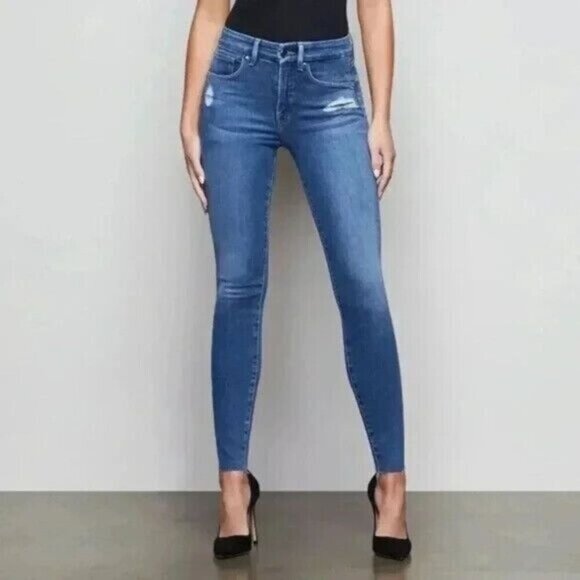 Good American Good Legs Blue Medium Wash Distressed Raw Hem Skinny Jeans Size 28 - Picture 1 of 11